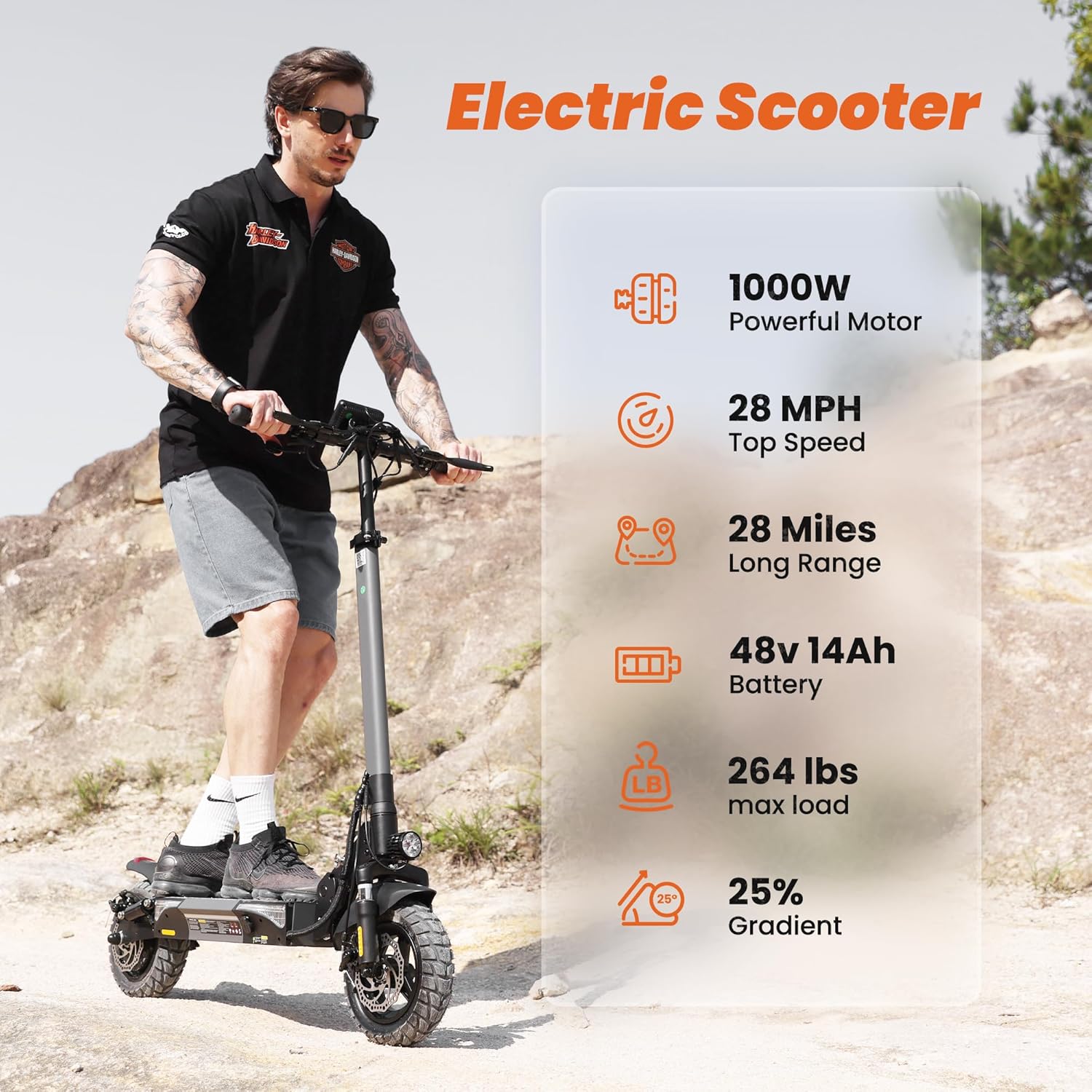 Electric Scooter, 500W/750W/1000W Motor, 22/25/28 MPH Top Speed & 23/28 Miles Range, 9.3