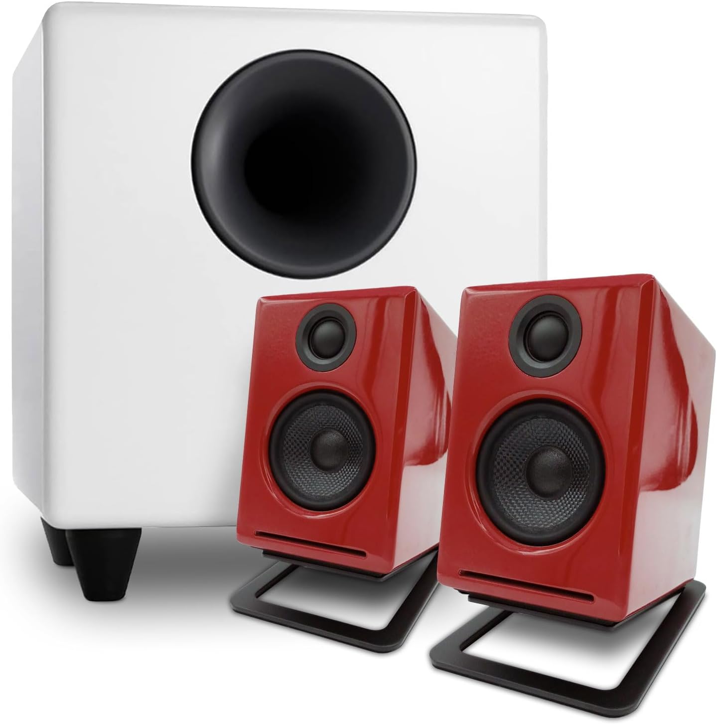 Audioengine A2 Red Computer Speakers with S8 White Subwoofer and DS1M Metal Stands