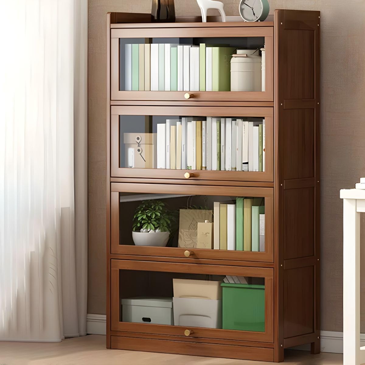 CraftThink Wooden Bookcase, 4 Tier Bookshelf Modern Rectangle Shelves with Closed Back and Cabinet for Bedroom Office Kitchen Living Room- Brown 27.5