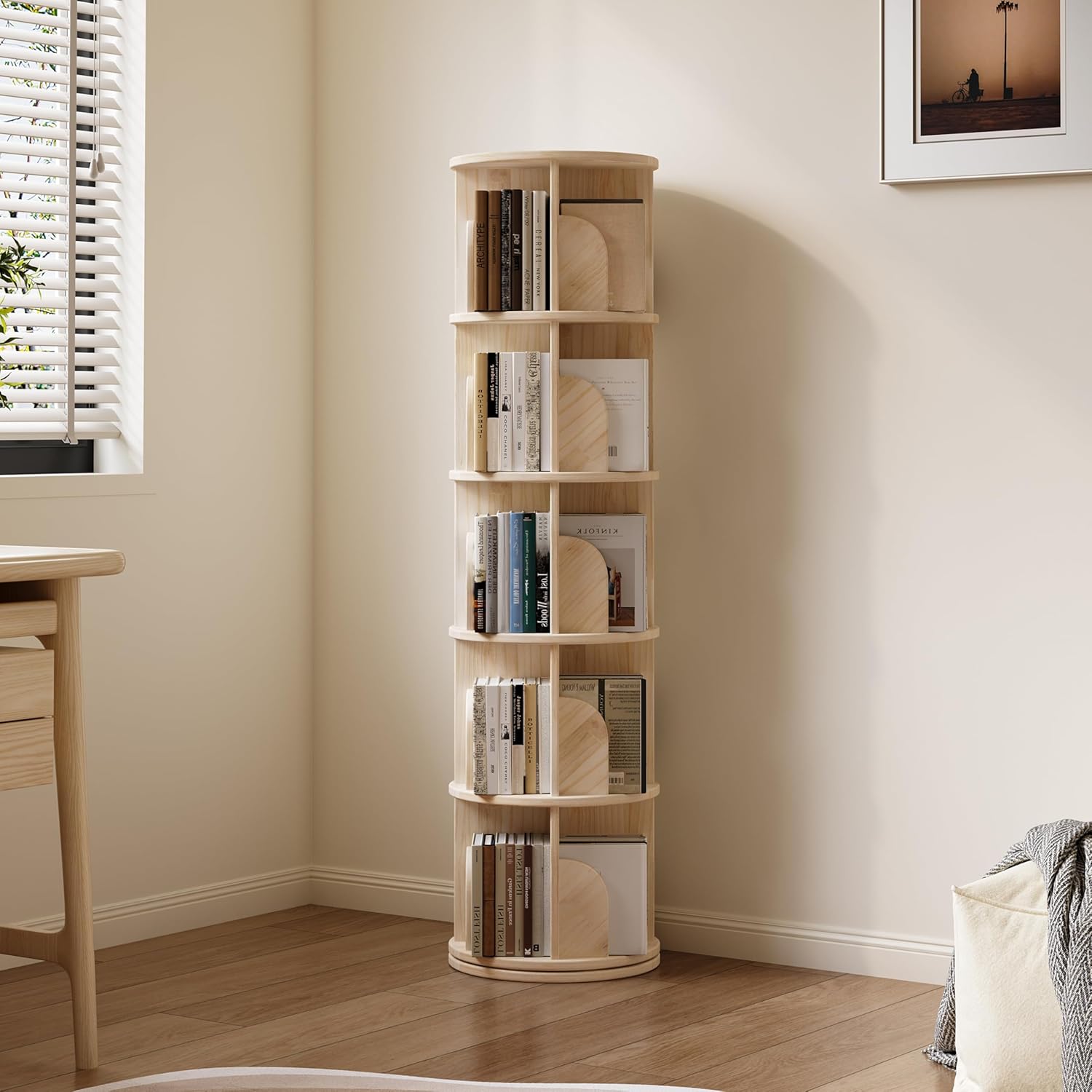 ZeeFu Rotating Bookshelf, 5 Tier 360° Spinning Bookcase Lazy Susan Tower, Multi-Functional Standing Book Shelf Storage Round Carousel for Kids&Adults, Bedroom, Living Room, Study Room, Small Space