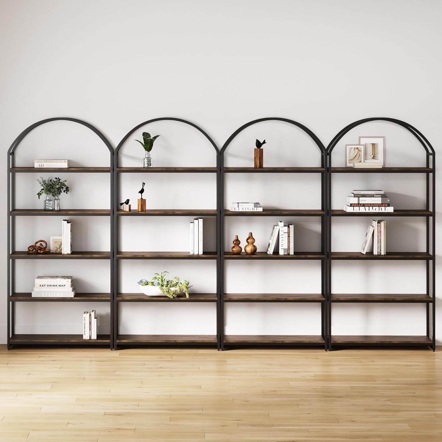 Nathan James Haven Etagere Bookshelf, 5-Shelf Bookcase in Nutmeg Wood and Black Metal Frame with Arch Top and Open Shelves, Nutmeg/Black, Set of 4