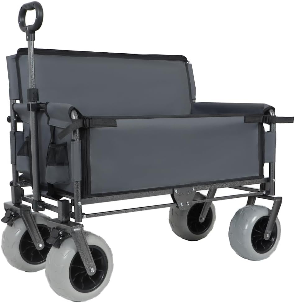 Versatile Folding Wagon with Bench Seat – Heavy-Duty Steel Frame, All-Terrain Wheels, Spacious Cargo Area for Outdoor Activities (Gray + Steel)