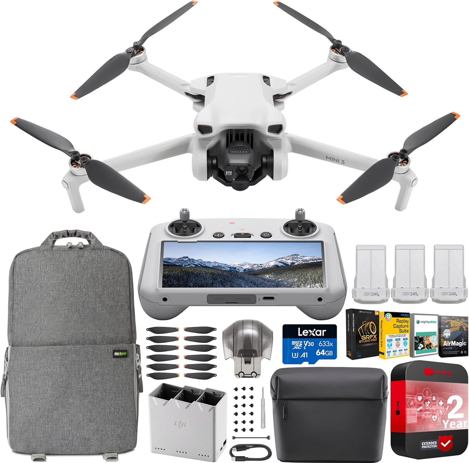 DJI Mini 3 Camera Drone Quadcopter + RC Smart Controller (With Screen) + Fly More Kit, 4K Video, 38min Flight Time, True Vertical Shooting Bundle w/Deco Gear Backpack + Software & Accessories