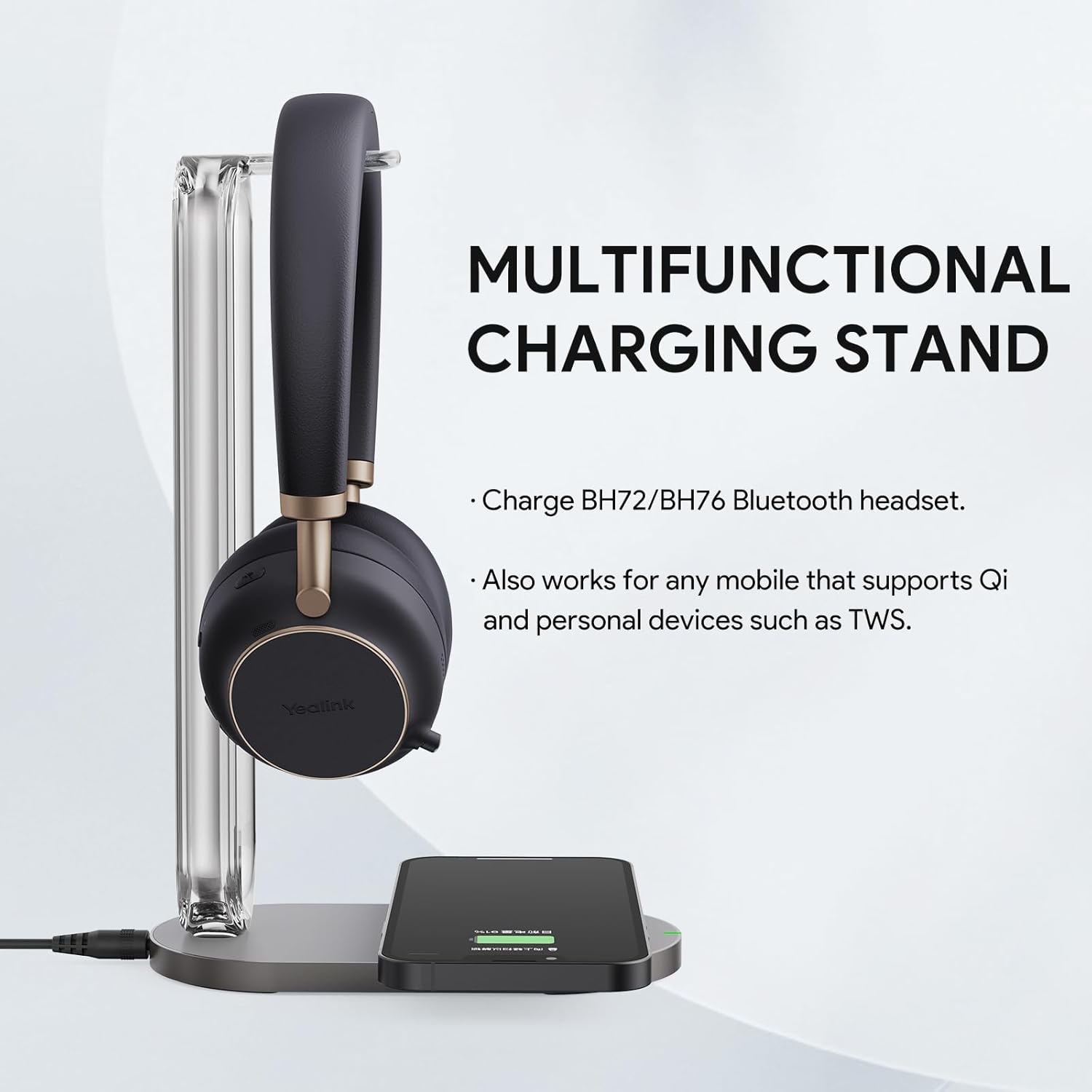 Yealink BH76 Plus Wireless Headset for Work, with BHC76 Wireless Charging Stand, Bluetooth Teams Certified Headset with Microphone Active Noise Cancelling (ANC), Retractable Hidden Mic Arm