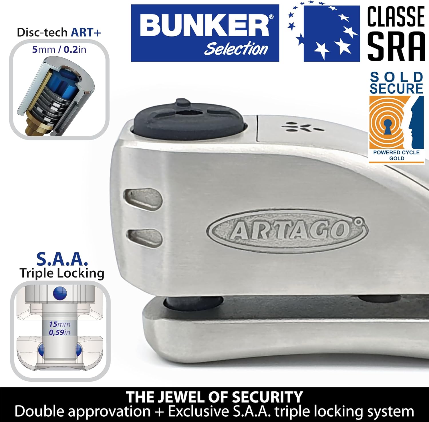 ARTAGO 32 State-of-the-art Motorcycle Disc Lock 2in1 | Smart Alarm, 120dB, Don't Touch Warning | Exclusive SAA Triple Locking, SRA & Sold Secure Gold Approved, Stainless Steel, Brake Anti-Theft Device