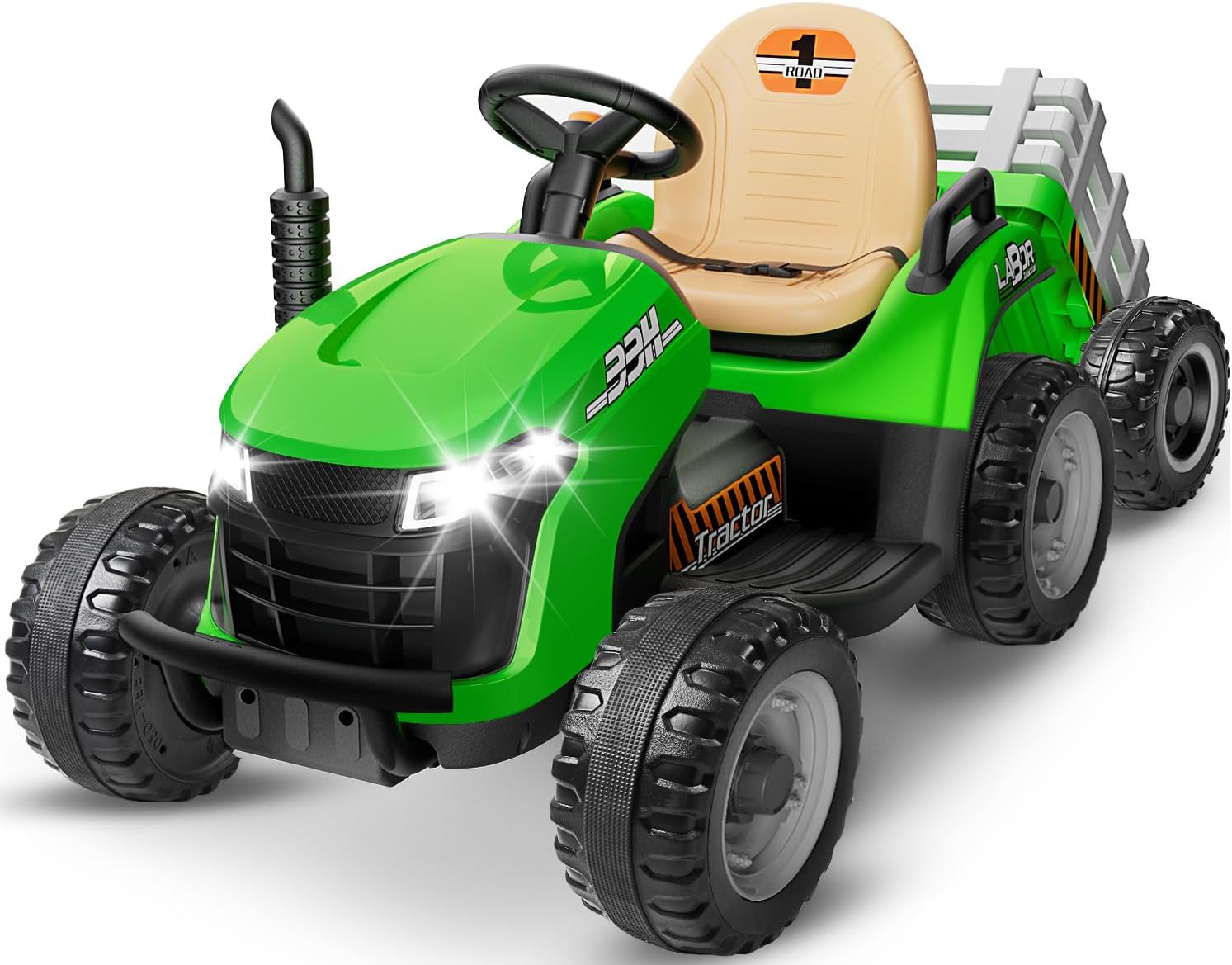 24V Ride On Tractor w/Tiltable & Detachable Trailer, 2x65W Motors, EVA Tires, Remote Control, Bluetooth, Shifter, Music, Electric Car for Kids (Green)
