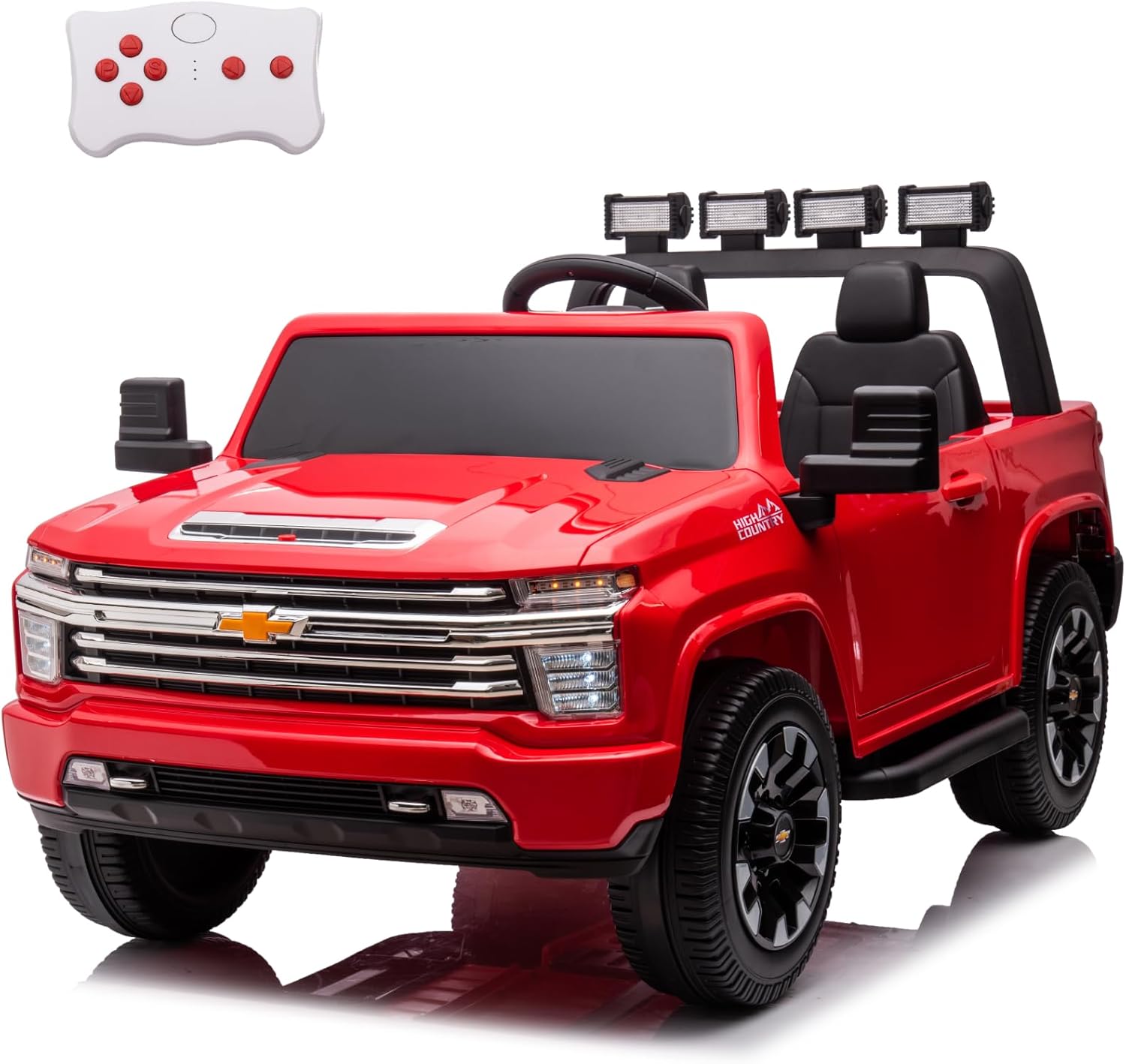 24V 4WD 2-Seater Battery Powered Licensed Chevrolet Silverado Kids Ride On Truck Electric Vehicle with Remote Control, Kids Ride on Toy with Bluetooth, LED Lights, Storage Trunk Outdoor, Red