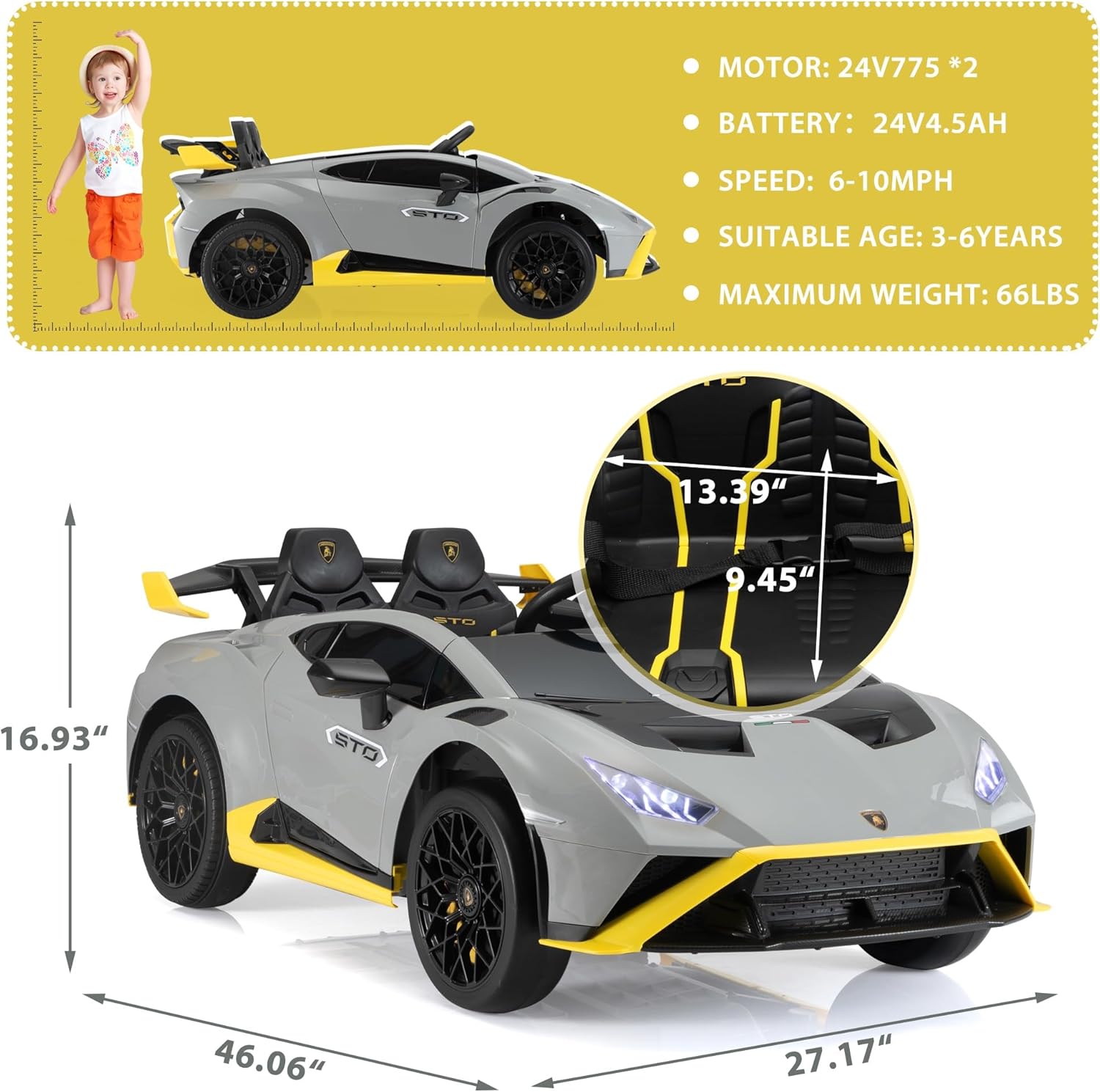 TOBBI Kids Ride on 24V Licensed Lamborghini STO Electric Car for Kids 3-6 Battery Powered Ride on Toys Lambo Sports Car with Remote Control Motorized Drift Vehicle High Speed 10km/h, Gray