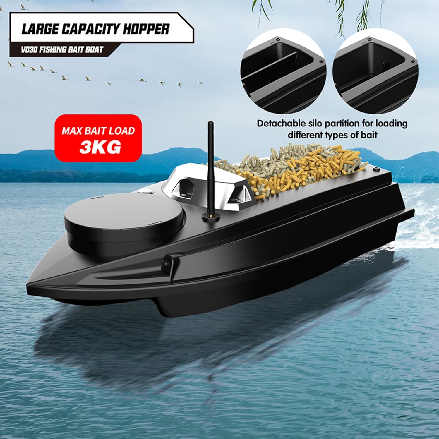 GoolRC V030 Remote Control Bait Boat, 2.4Ghz GPS Fishing Boats with Auto Return, LCD Screen, 6.6lbs Load Capacity, LED Lights, 2624ft Long Range Control RC Bait Boat for Adults