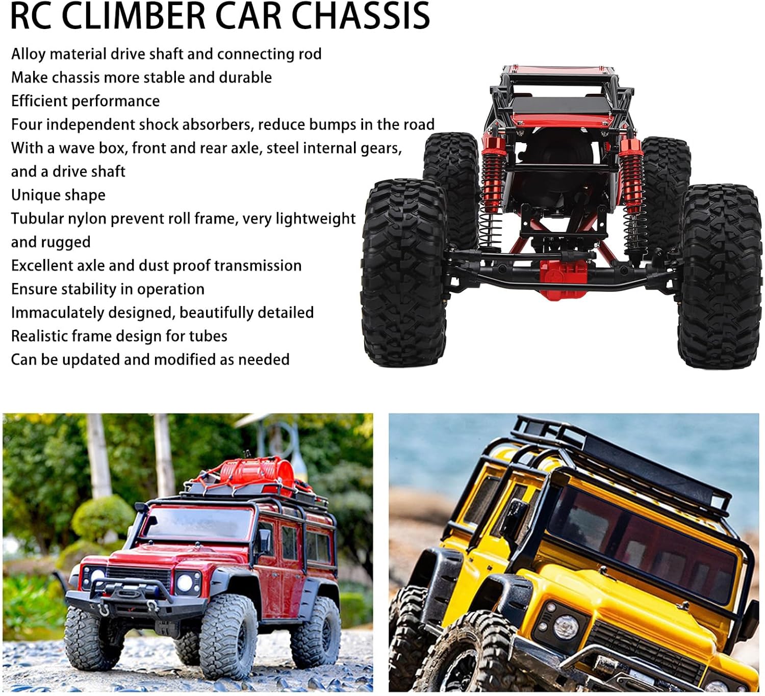 310mm RC Rock Climber Chassis for Axial SCX10 90046, 1/10 Scale Alloy Drive Shaft Crawler Chassis with 4 Shock Absorbers 1.9 Wheels (Red Black, 14.57 Frame)