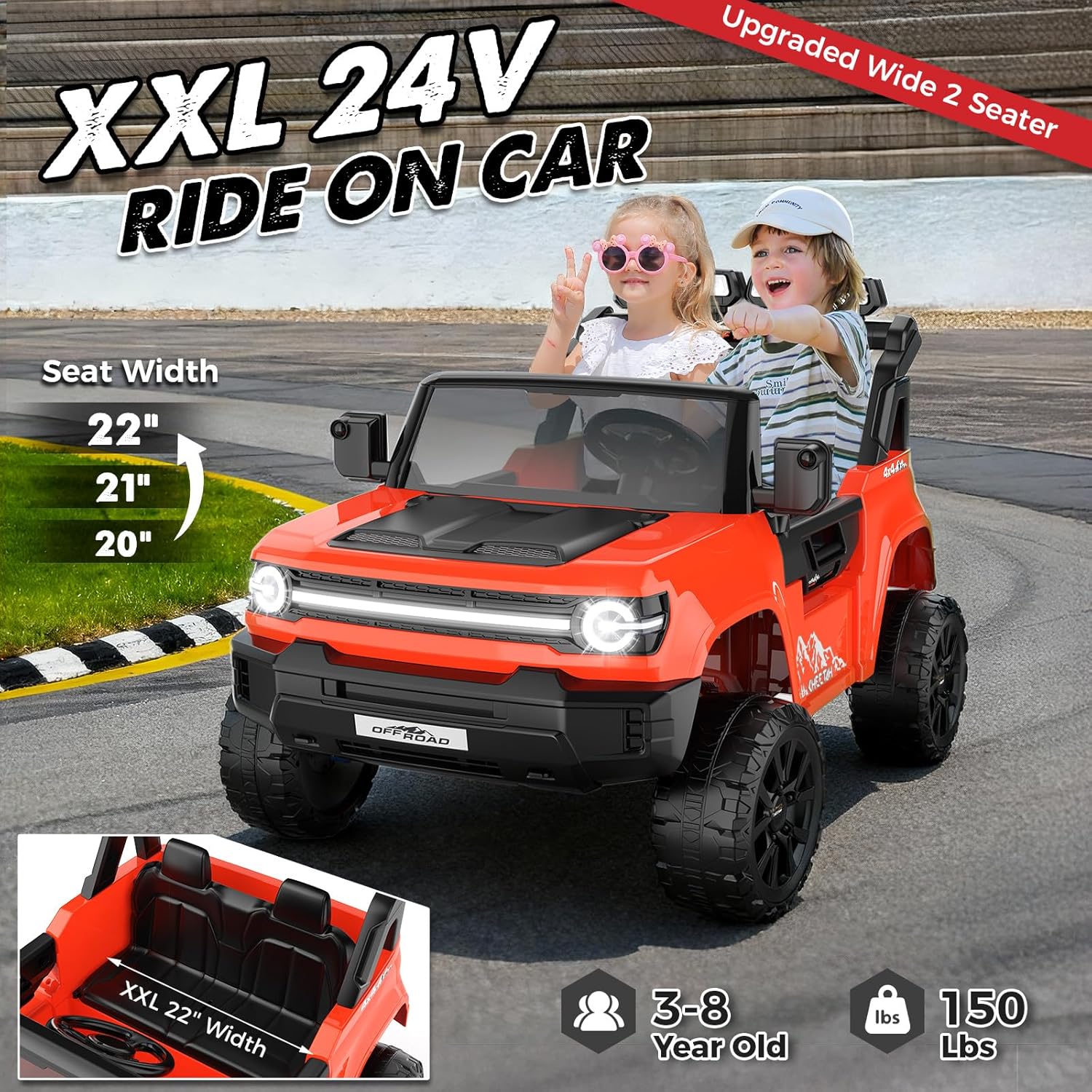 Hikole 24V 2 Seater Ride on Car Toys for Big Kids with Remote Control, XXL Electric Vehicle w/22'' Seat, 4WD, Rear Storage, LED Lights, Music, Power Trucks Wheels for Girls Boys, Red