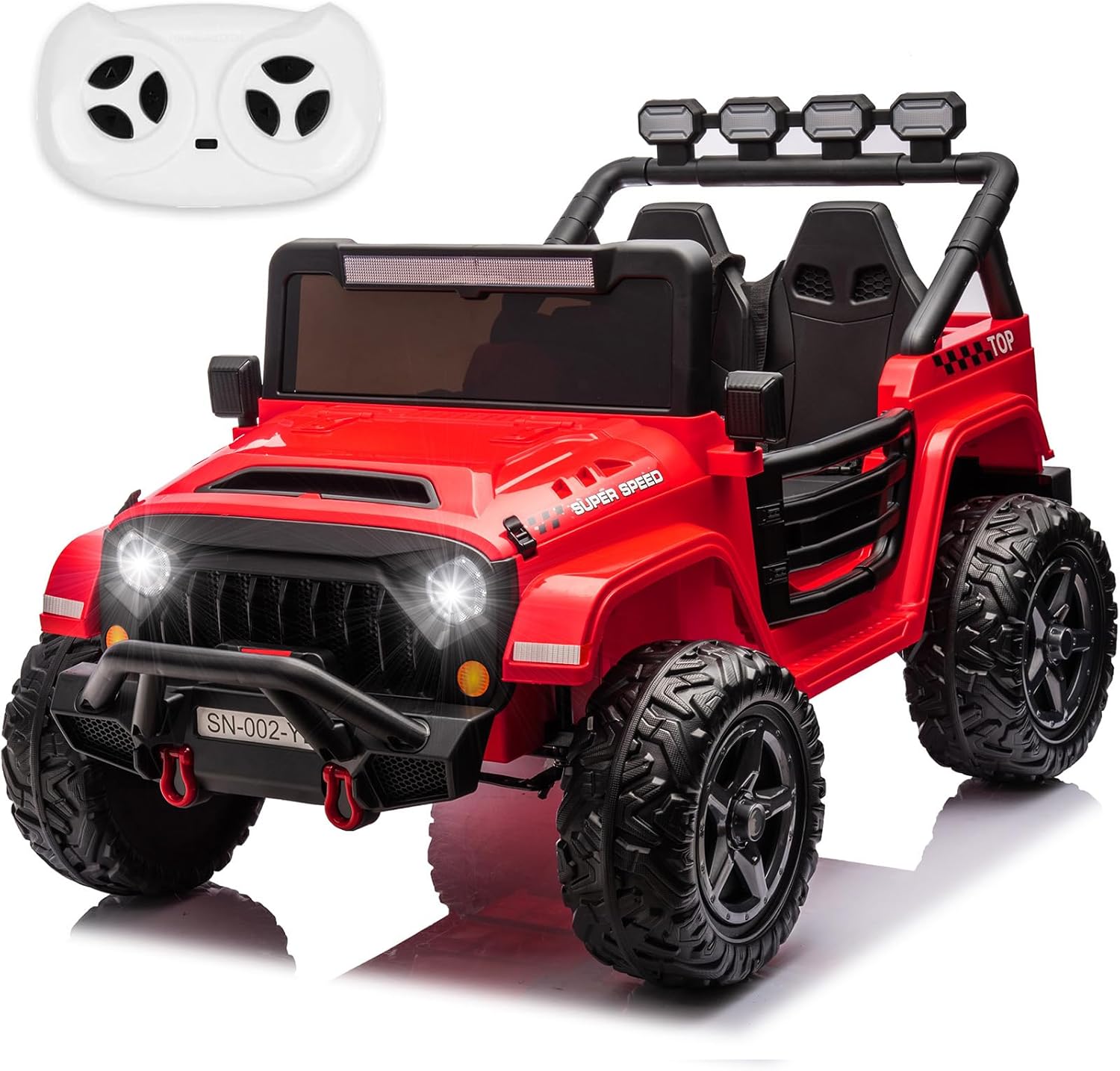 NEWQIDA 24V 2 Seater Ride on Truck Car with Remote Control 24V Ride on Toys for Big Kids Electric Vehicles 4x4 Off-Road Style, EVA Tires, 4x200W Motors, Spring Suspension, Soft Braking, Music, Red