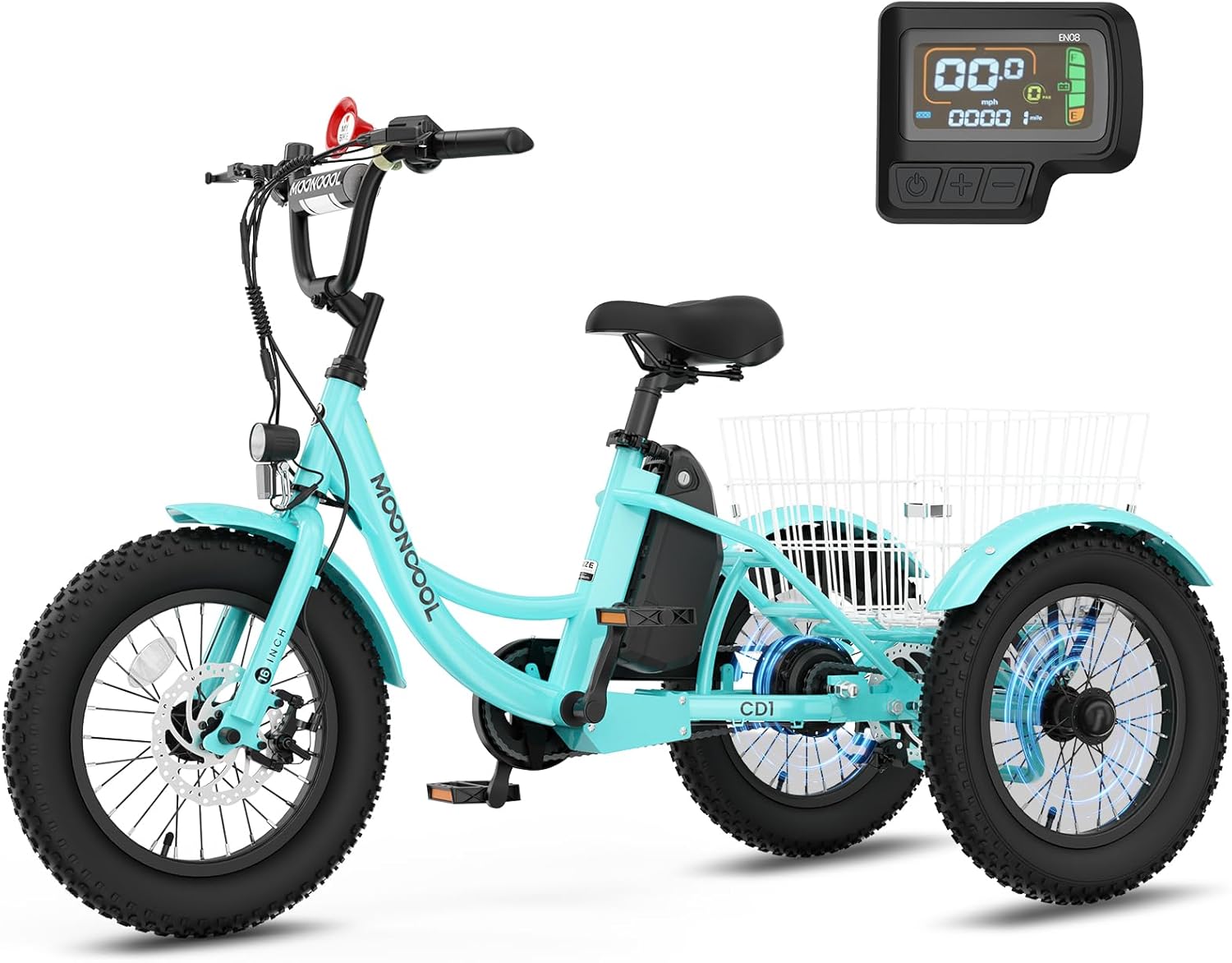 16 Inch Kids Electric Tricycle, 250W 24V Fat Tire Electric Trike, 3 Wheels Electric Bike Cruiser Bicycle, Aluminum Frame Motored Trike with Adjustable Seat and Removable Battery, Cyan