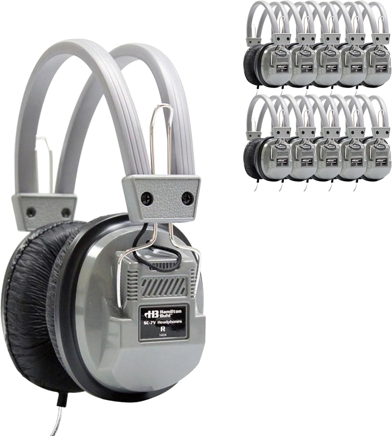 HamiltonBuhl SC‑7V SchoolMate Deluxe Stereo Headphones 50‑Pack – Over‑Ear Design, On‑Earcup Volume Control, Chew‑Resistant Dura‑Cord, Replaceable Leatherette Cushions, 3.5mm Slim‑Barrel Plug (Silver)