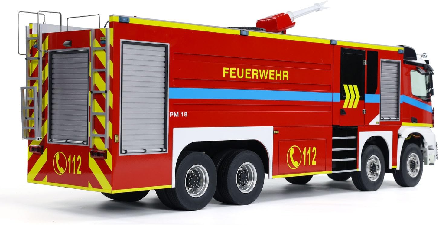 1/14 8X4 RC Fire Fighting Truck Metal Chassis Two Speed Transmission Differential Lock on Axles Radio Control Fire Car Light Sound Motor Servo ESC Hobby Grade Construction Vehicle Model