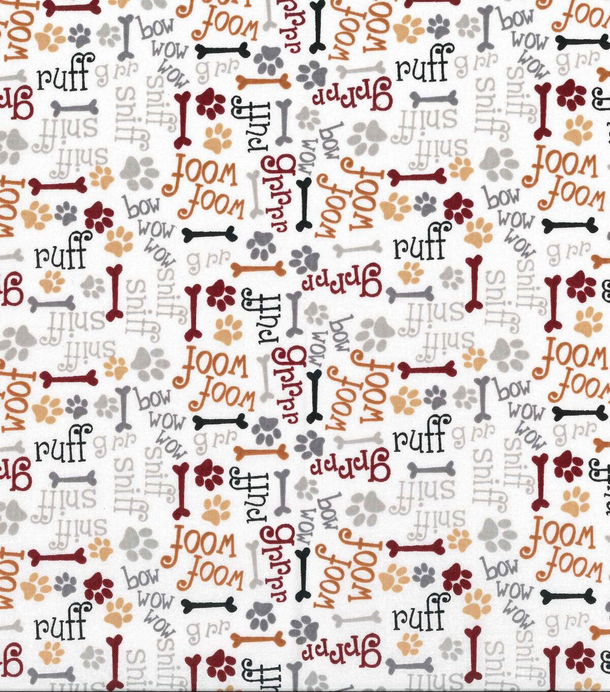 Novelty Cotton Fabric Woof Woof Dog Words