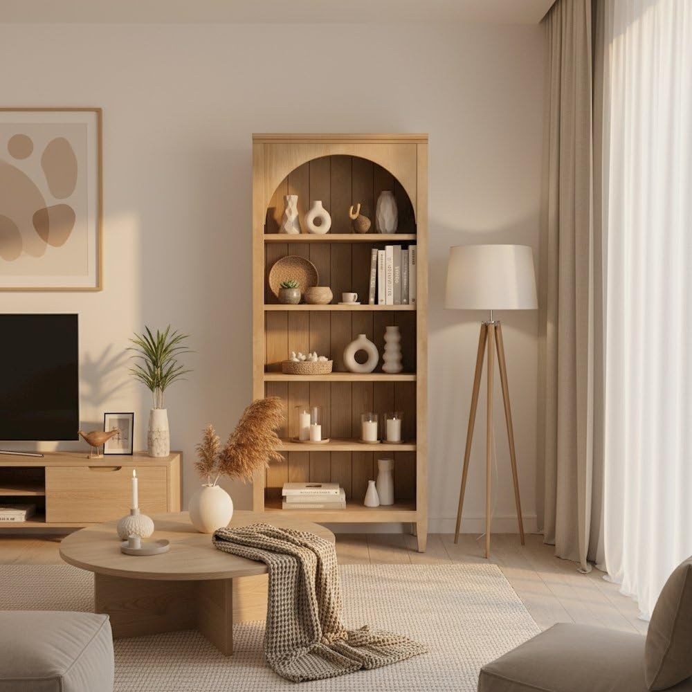 Starlight Wood Open Bookcase, Fully Assembled, 3 Adjustable Shelves, 1 Fixed Shelf, Wire Brushed Light Oak Finish, Brown Wood