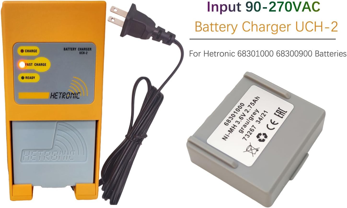 (4Pcs Battery with Charger) 68301000 68300900 Battery Charger UCH-2 (Input 90-270VAC Out 300/780mA) with 3.6Volt 2750mAh 68301000 Batteries, Hetronic 68301000 (68300900) Battery with Charger