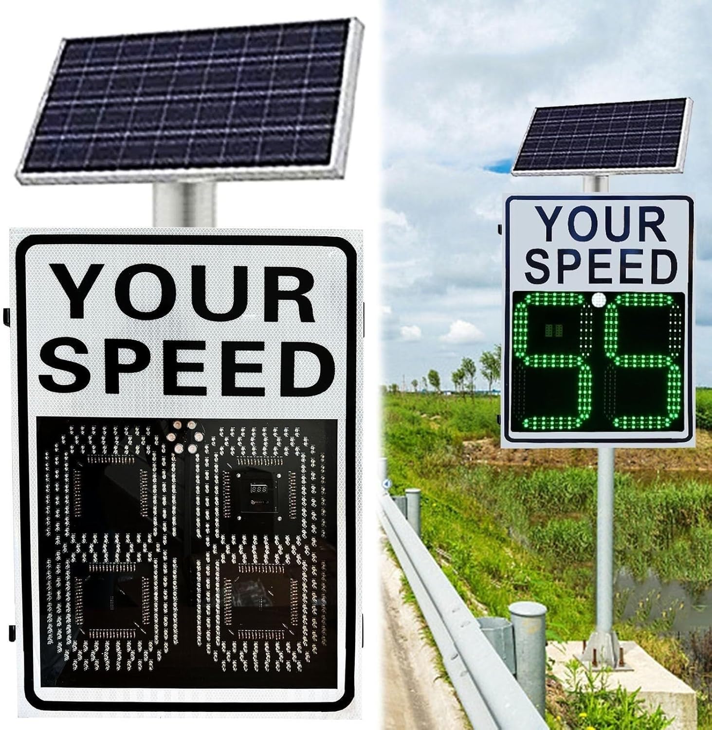 Solar LED Digital Radar Slow Limit Sign, Aluminum Vehicle Speed Display, Street/Road Warning(60 * 90cm)