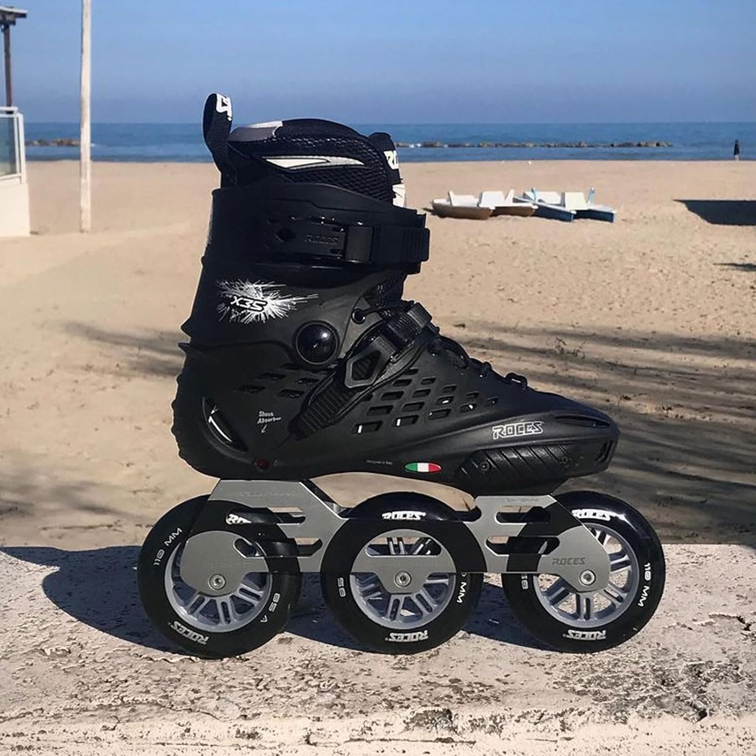 ROCES Men's X35 3X110 TIF Durable Adjustable Maneuverable Outdoor Urban 3 Wheel Freestyle Hard-Boot Inline Racing Skates with Secure Closure System & Invisible Frame,Black/Silver, 13