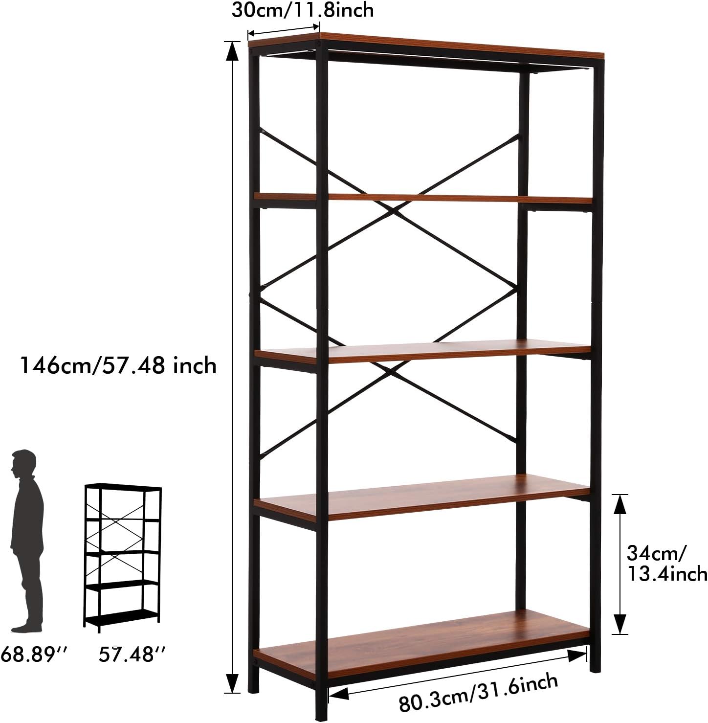 Modrine 4 Shelf Bookcase, Bookshelf Industrial Style Metal and Wood Bookshelves, Open Wide Home Office Book Shelf