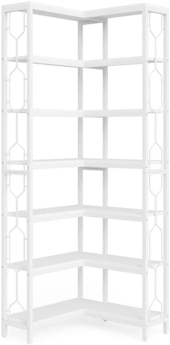 WZONICE98 7 Tier Corner Bookcase with Metal Frame Modern Floor Bookshelf Space Saving Storage Standing Shelf Units Tall Hexagon Organizer Utility Racks for Living Room Home Office White