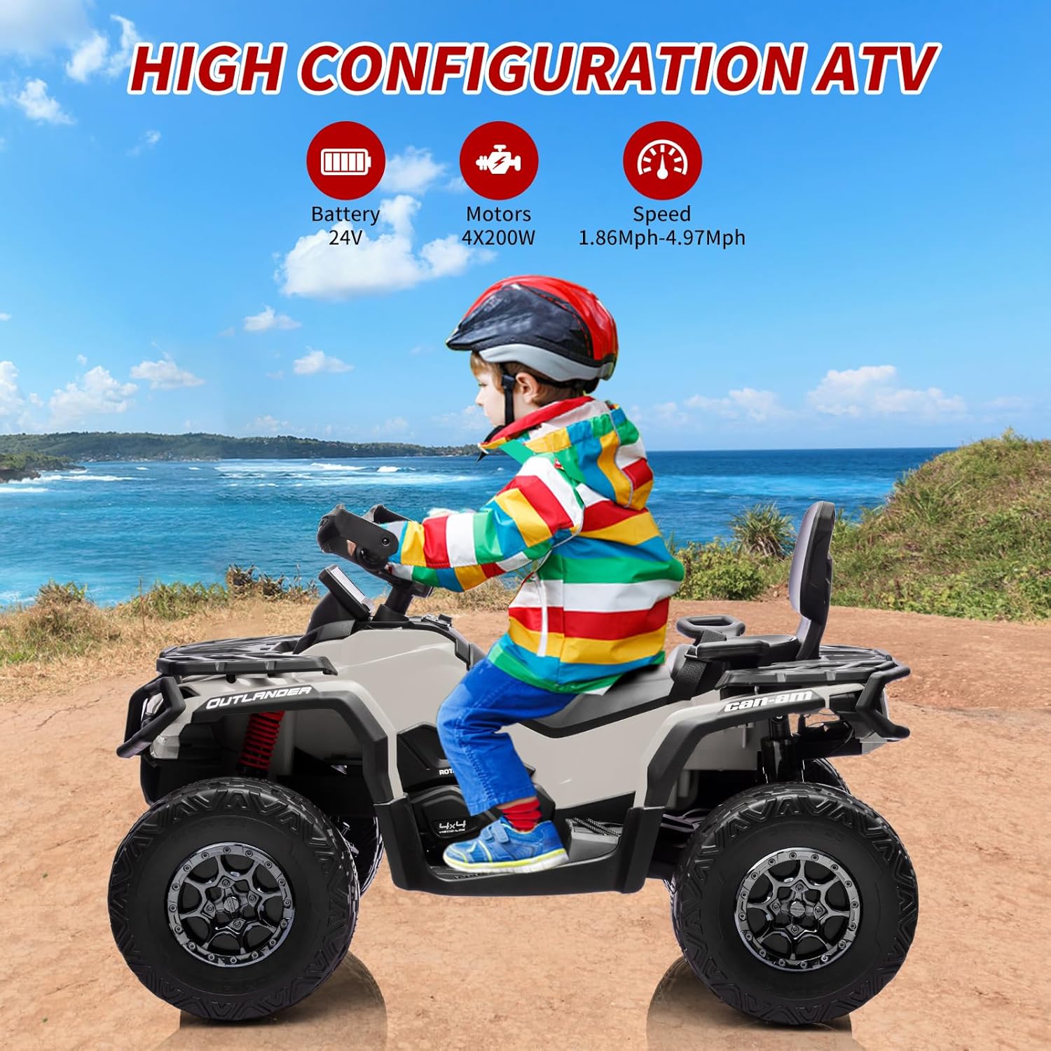 2 Seater Ride On Car,24V Licensed Can-Am Electric ATV Car for Kids, 4 Wheeler Electric Toy Car with Bluetooth,Led,Leather Seaters,5 Mph Max Speed,for Boys,Girls,Grey