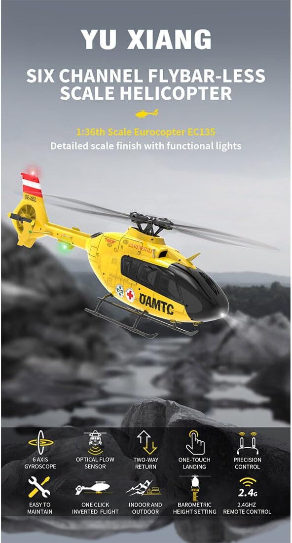 YUXIANG F06 EC-135 RC Helicopter for Adults, 1/36 Scale 2.4G 6CH Direct-Drive Brushless Remote Control Helicopter, 3D Stunt Flybarless Aircraft Model with Optical Flow & Altitude Hold (RTF Version)