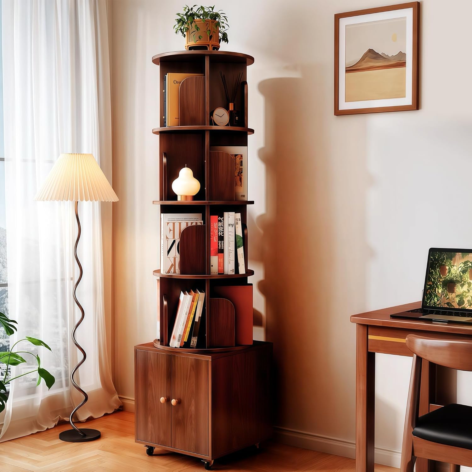 69.68'' Tall 5 Tier Rotating Bookshelf, 360 Display Round Corner Bookcase with Wheels, Wood Narrow Book Shelf Organizer for Bedroom, Living Room, Walnut Brown