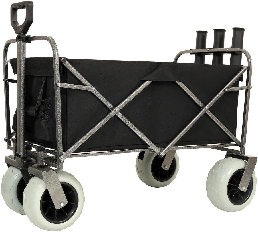 Heavy-Duty All-Terrain Utility Wagon with 9-Inch Pneumatic Tires for Sand, Grass, and Gravel – Foldable Steel Frame Cart for Outdoor Transport (Black + Steel-1)