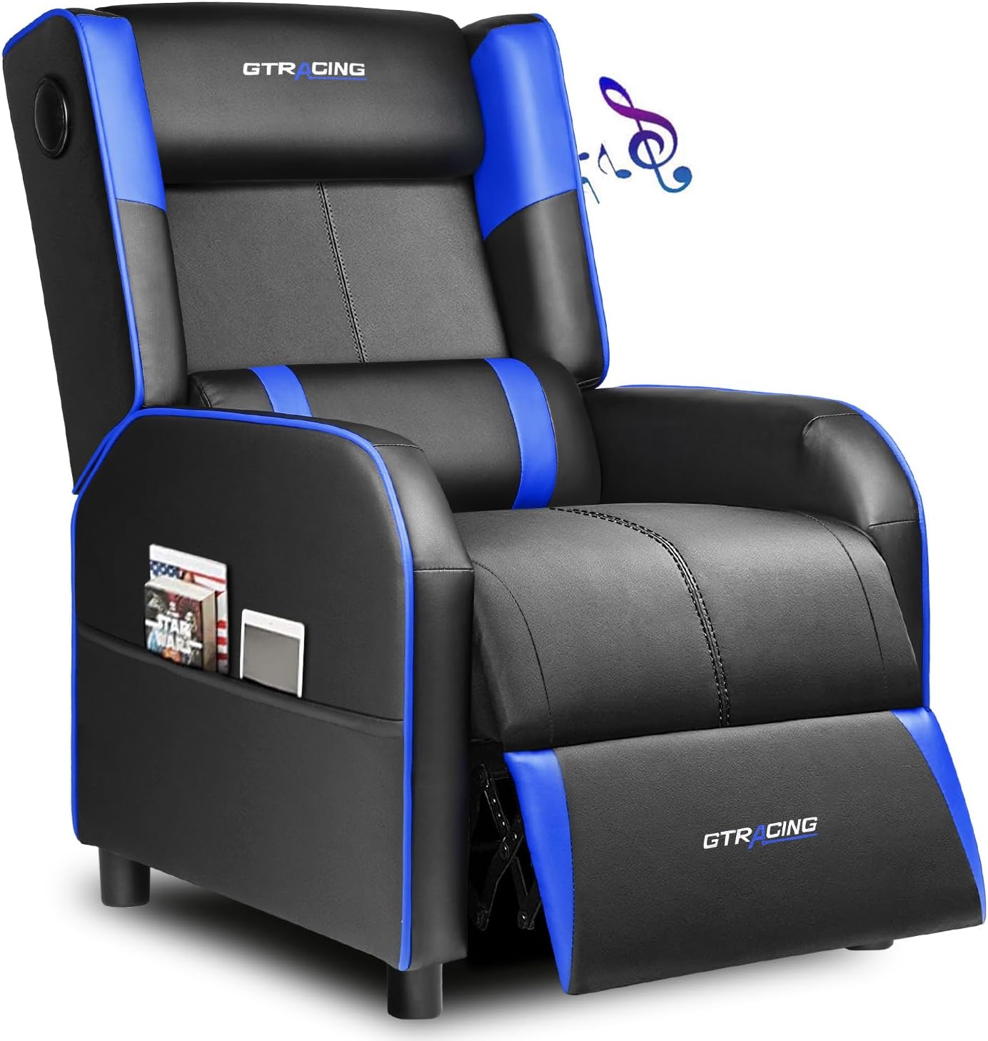 GTRACING Gaming Recliner Chair with Bluetooth Speakers Racing Style Single Gaming Sofa Modern Living Room Recliners Ergonomic Comfortable Massage Home Theater Seating, Blue