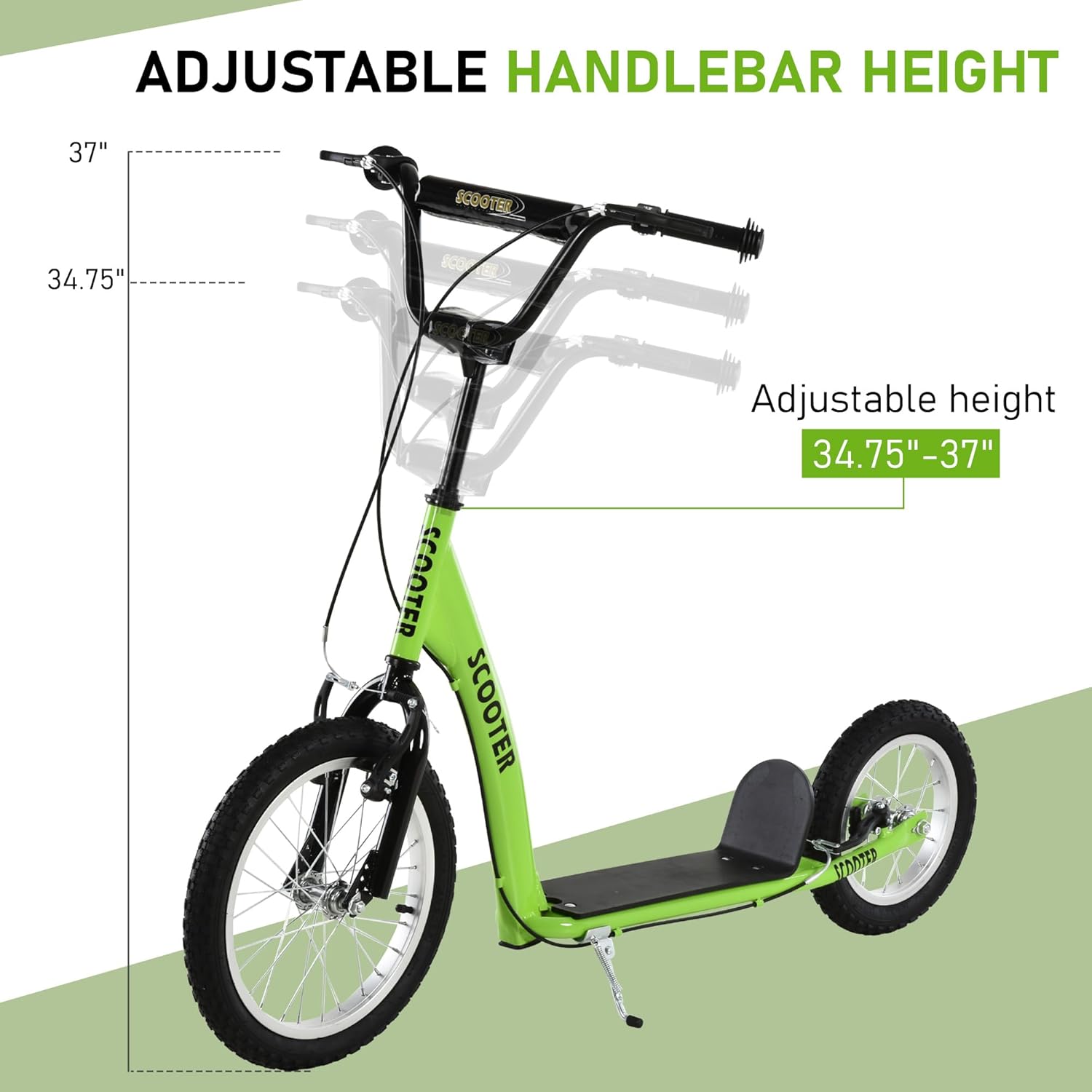 Youth Scooter for Kids with Adjustable Handlebar, Dual Front & Rear Brakes, Inflatable Rubber Wheels, Sturdy Aluminum Frame, Non-Slip Pedal, Green Kick Scooter