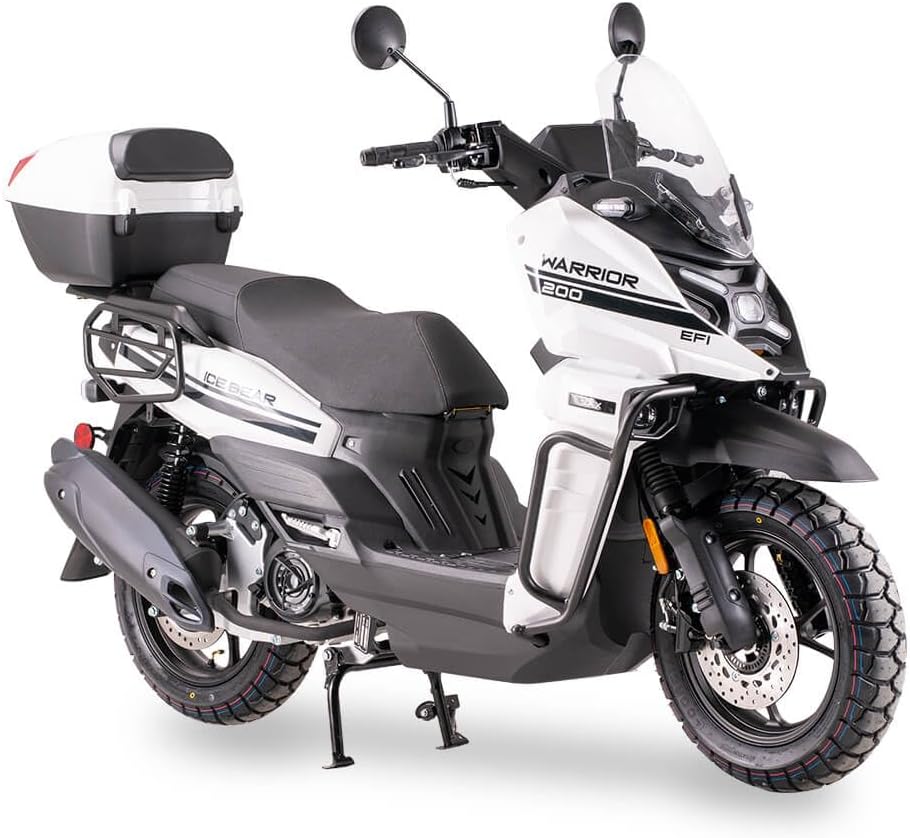 Ice Bear Warrior 200 EFI Scooter, White, 200cc, with Top Case and Windshield