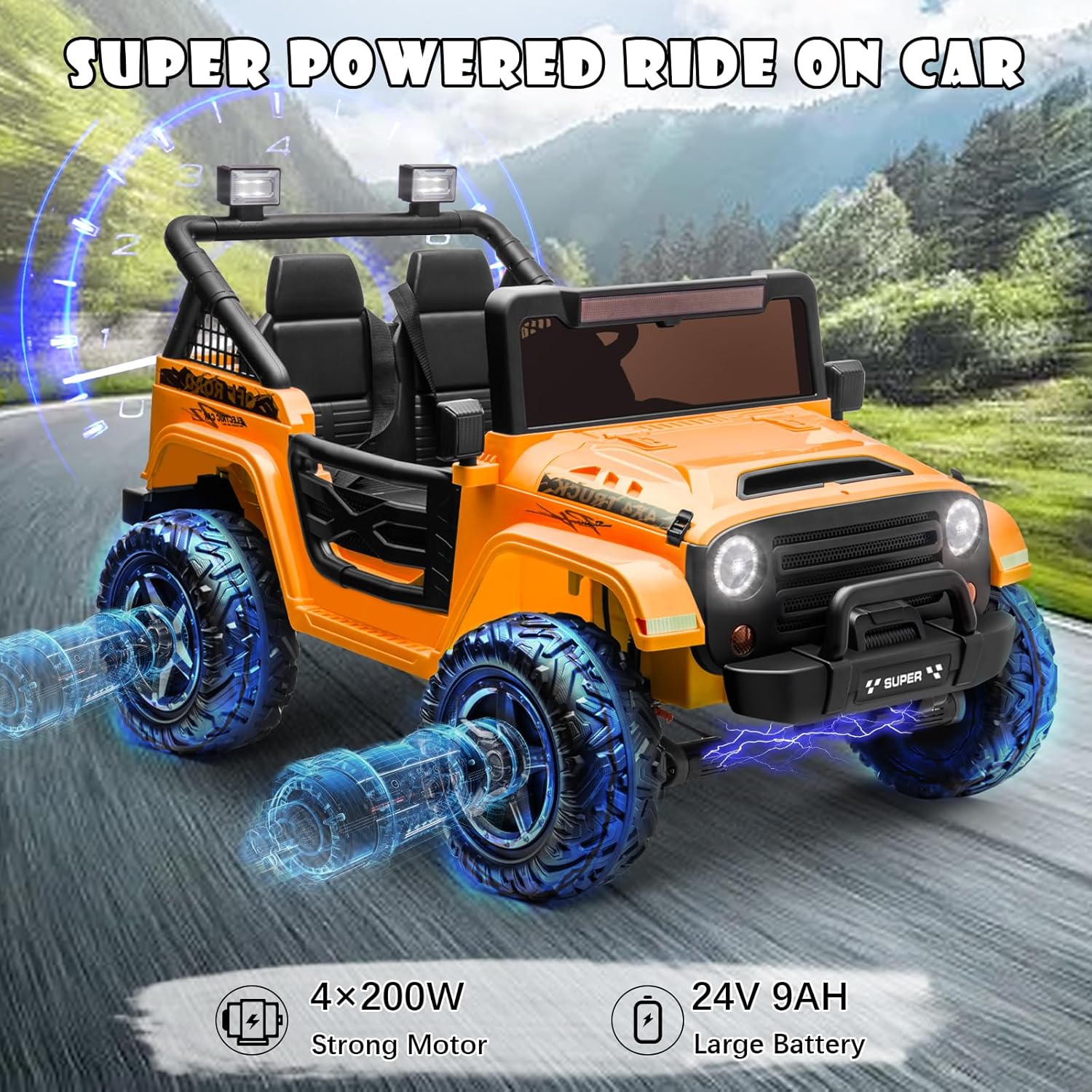 ALINUX 24V 4x4 Ride on Cars Toys for Big Kids, 9AH 5MPH Electric Cars Vehicles for Kids w/EVA Tires, 2 Wide Seater, Parent Remote, 4 Shock Absorbers, Music-Orange