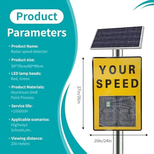 Solar Radar Speed Feedback Sign for School Zones, 20x27/24x35 Inch, LED Display, Solar-Powered Speed Warning, High Visibility Yellow, 2 Digit Speed Monitoring