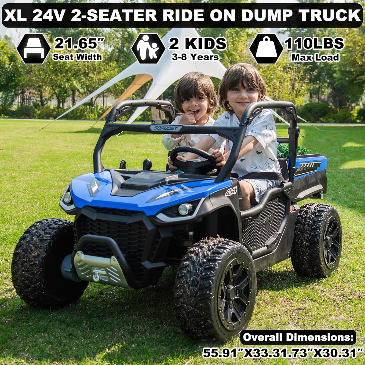 NEWQIDA 24V Kids Electric Car Side by Side UTV with Dump Bed, 2 Seater Ride On Car for Kids with Remote Control Ride on Dump Truck for Boys Girl, Extra Shovel, 4X75W Motors, Music, Up to 5 MPH, Blue
