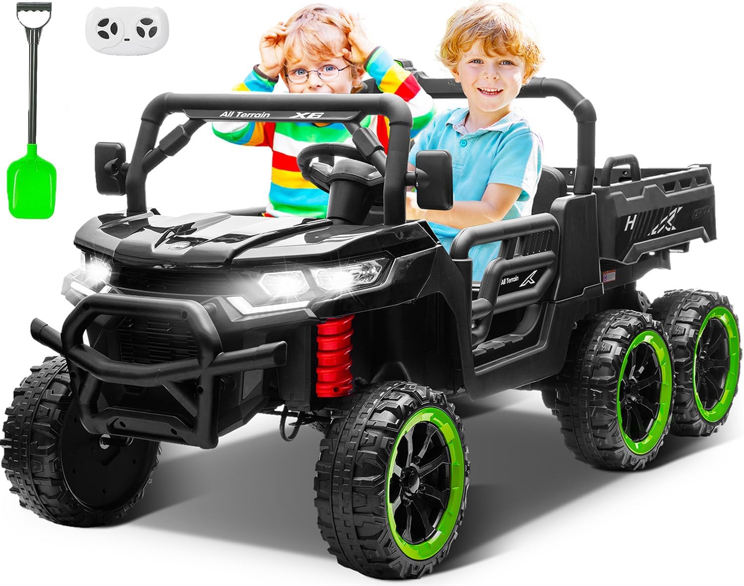 24V 2-Seater Ride on Dump Truck, 4WD 6-Wheel Kids Ride on Car Toys w/Remote Control, Electric Dump Bed, Toy Shovel, LED Lights and Music, 24V Ride on Toys for Big Kids Boys Girls (Black)