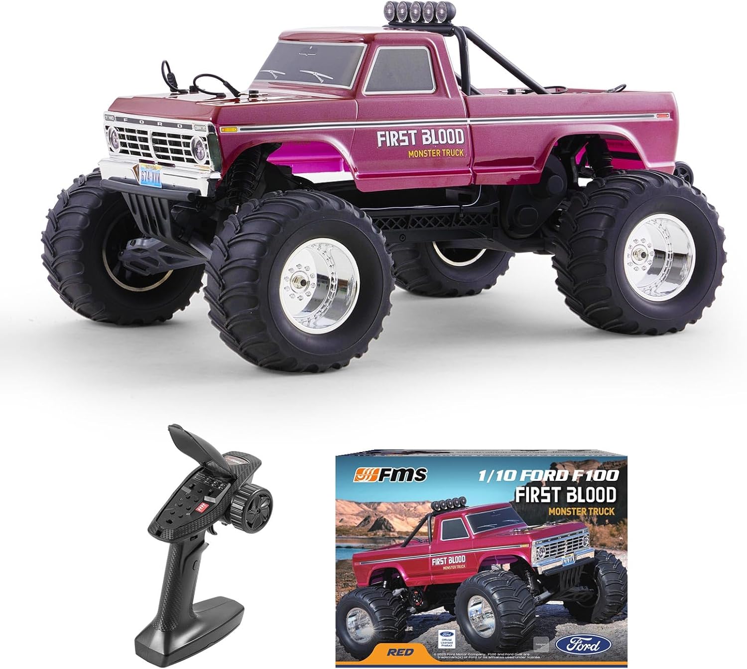 FMS 1/10 Ford F-100 RC Monster Truck, RC Crawler RTR 2WD Off-Road Truck with Wheelie Bar, High-Torque Motor, Hobby Grade Remote Control Car for Adults, First Blood
