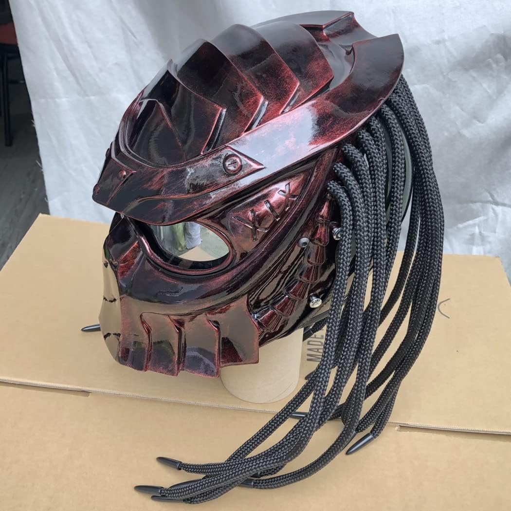 Motorcycle Helmet, Predator Full Face Motorcycle Helmet Mask with Hair Braid and LED Light for Outdoor Riding Or Club Parties, and Cosplay Prop, DOT Certified,F,XL