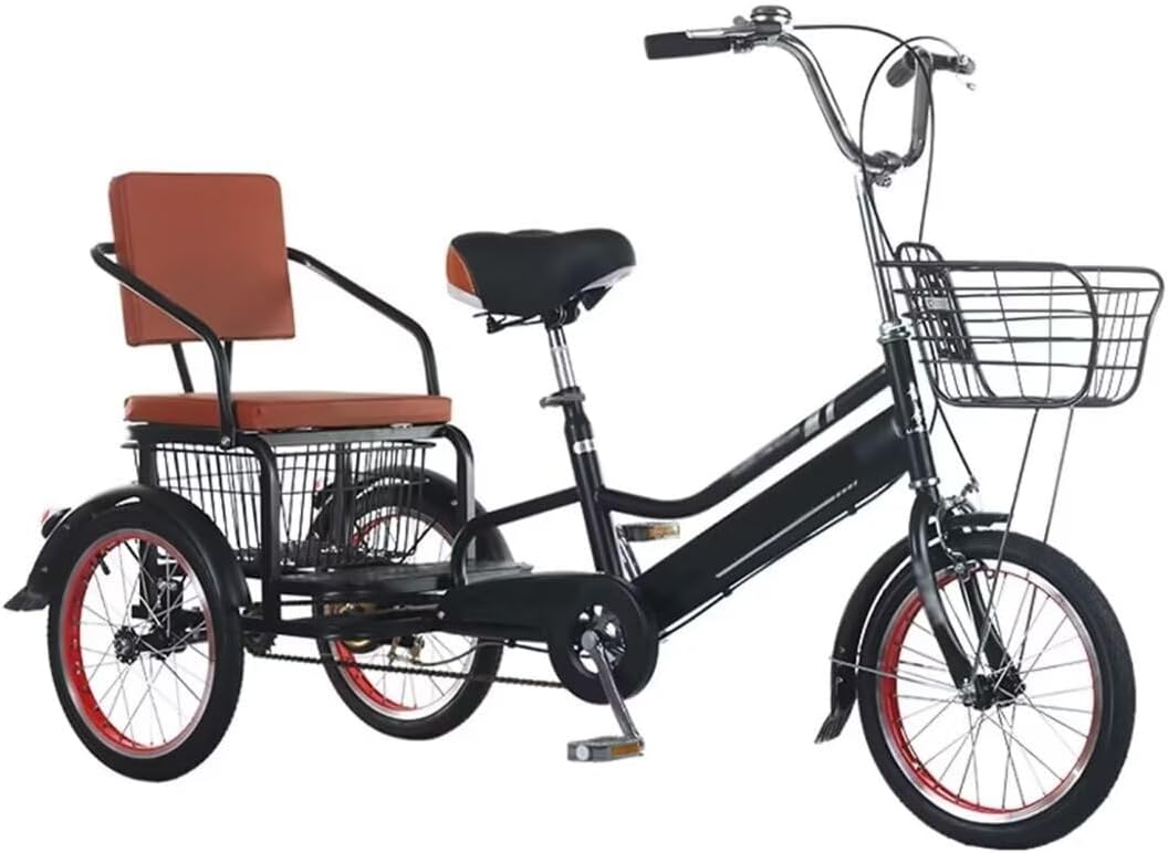 Elderly Tricycle,Adult Rickshaw Pedal Tricycle,Leisure Mobility Vehicle,16inch/20inch Tandem Trike with Rear seat,Sensitive Dual Brakes,Scooter Bike (Black 16inch)