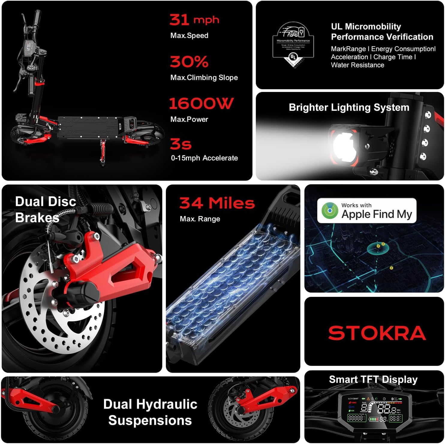 Electric Scooter Adults, 31/34 MPH w/ 40Mile Range, 48V18/21AH, 1200W/1600W Peak Motor, 11