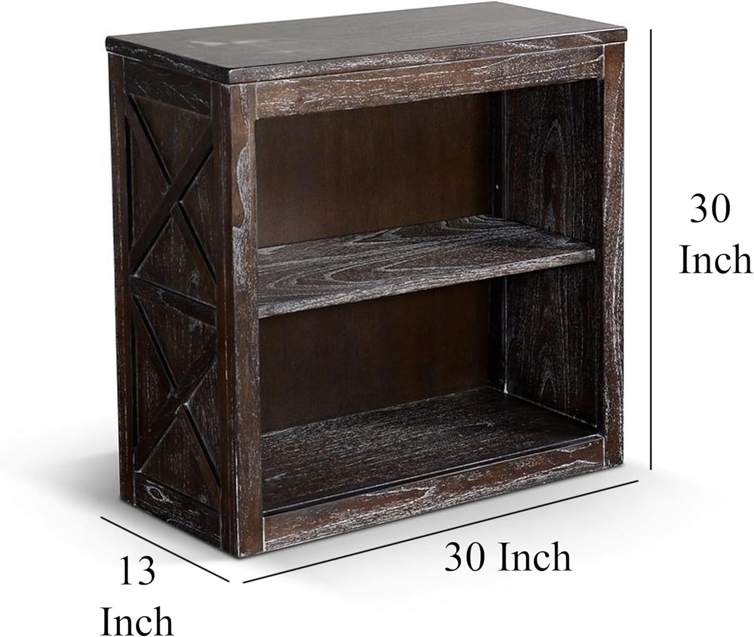 Benzara Sofi Small Bookcase- X Cross Panels- 2 Shelves- Dark Brown Veneer