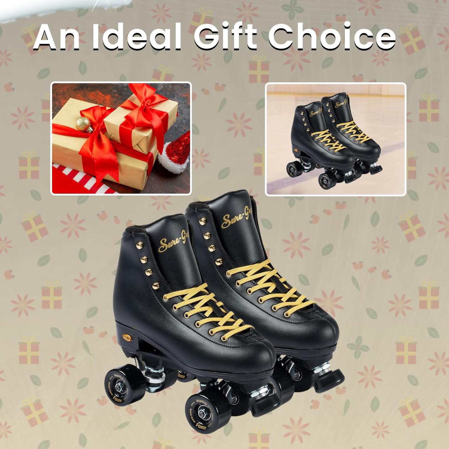 Sure-Grip Fame Black & Gold Unisex Indoor Roller Skates - Vegan Boot with Microfiber Lining - Offers Rock Nylon Plate & Aluminum Trucks - Matching 57mm Fame Black Indoor Wheels - Ideal for Beginners
