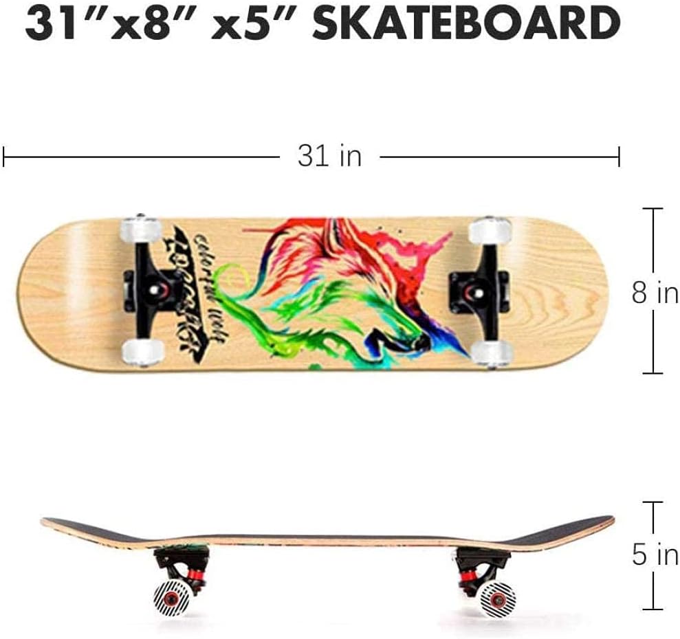 Skateboard Complete Skateboard Beginners 31 X 8 with High Density 9 Layer Canadian Maple Wood Classical Tricks Skateboard for Adults Kids and Teens Multiple Designs Fox Upgrade (Scorpion)