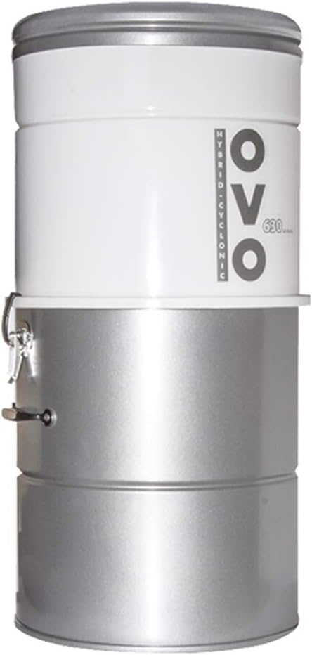 OVO Large and Powerful Central Vacuum System, 630 Airwatts Hybrid Filtration (with or Without Disposable Bags), Covers up to 7500 sq.ft, 6,6 Gal / 25L Bottom Load Rolled Steel Canister