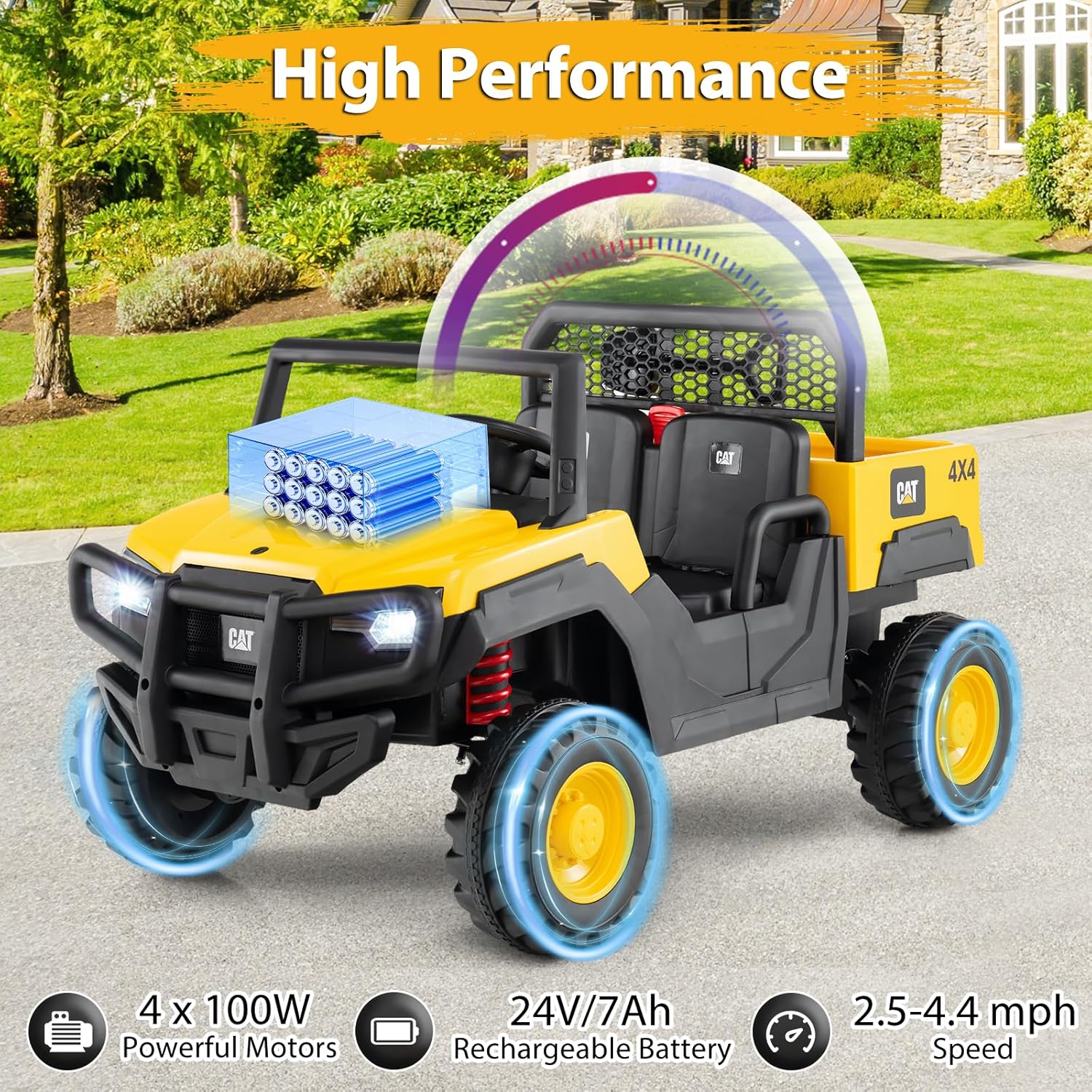 Costzon 2-Seater Licensed Caterpillar Ride on Dump Truck, 24V Kids Car Electric Vehicle with Remote Control, 4 x 100W Motors, Soft Start & Spring Suspension, Kids UTV with Dump Bed, Gift, Yellow