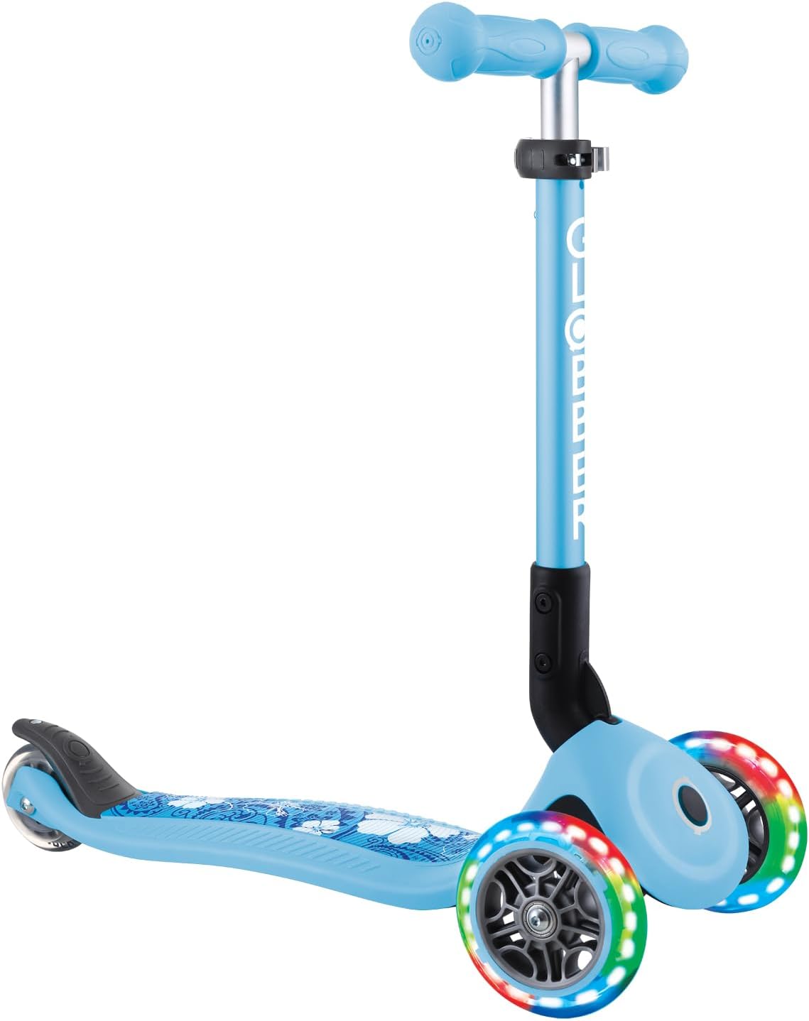 GLOBBER Junior Foldable Fantasy Lights – 120/80 mm ABEC 5 Scooter with 3 Wheels, LED Wheels, Pastel Blue