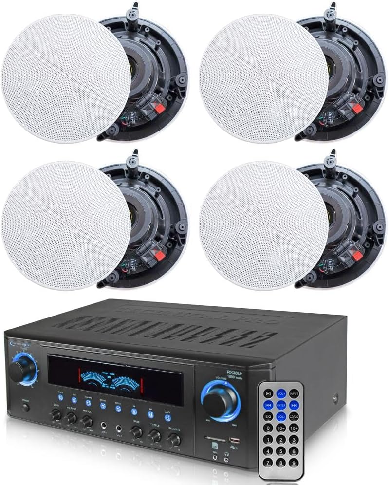 Technical Pro 1000 Watts Professional Home Theater Receiver System with USB and SD Card Inputs + 2 Pairs of 5.25 Inch Ceiling Wall Mount Frame-Less 2-Way Mid bass Woofer Speaker