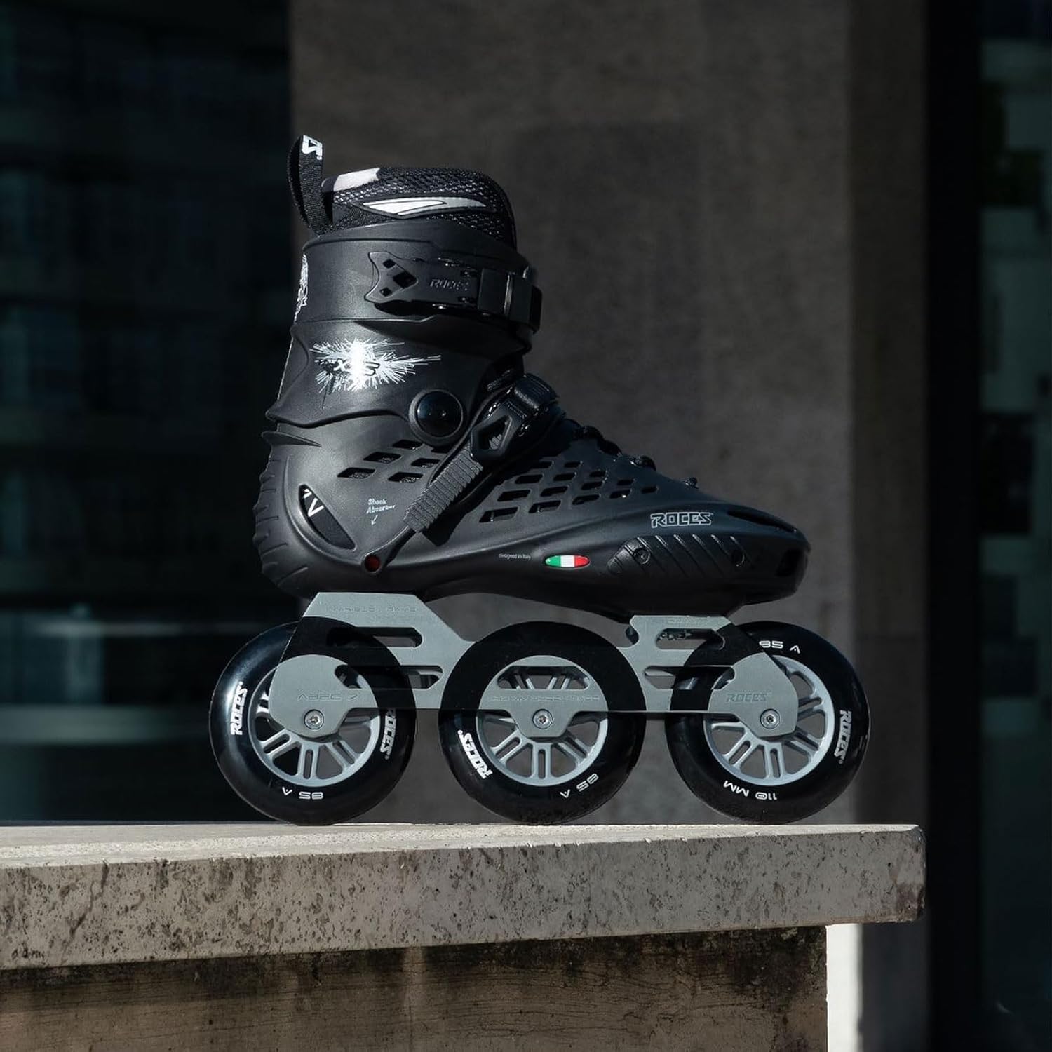 ROCES Men's X35 3X110 TIF Durable Adjustable Maneuverable Outdoor Urban 3 Wheel Freestyle Hard-Boot Inline Racing Skates with Secure Closure System & Invisible Frame,Black/Silver, 13