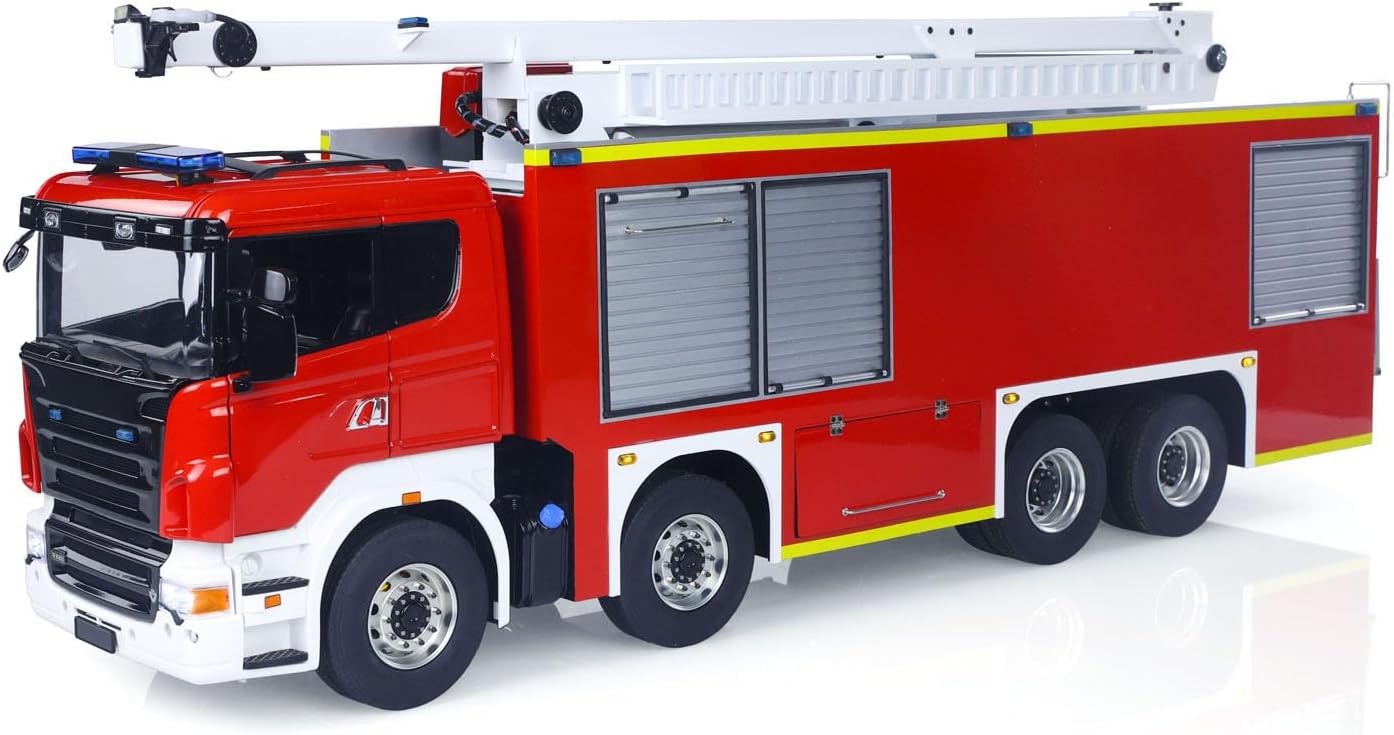 SC 8x4 1/14 Metal Chassis RC Snozzle High-Reach Extendable Turret Fire Truck Car Two-Speed Transmission Differential Lock Light Sound System Hobby Grade Model for Ages 14+